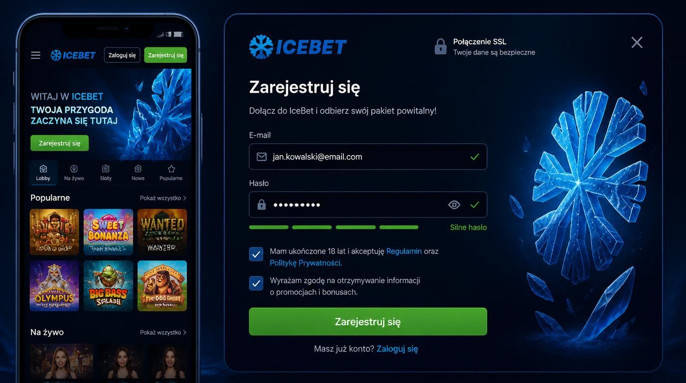 Ilustracja interfejsu rejestracji z formularzem SSL, hasłem, e-mailem i wszystkimi wymaganymi zgodami