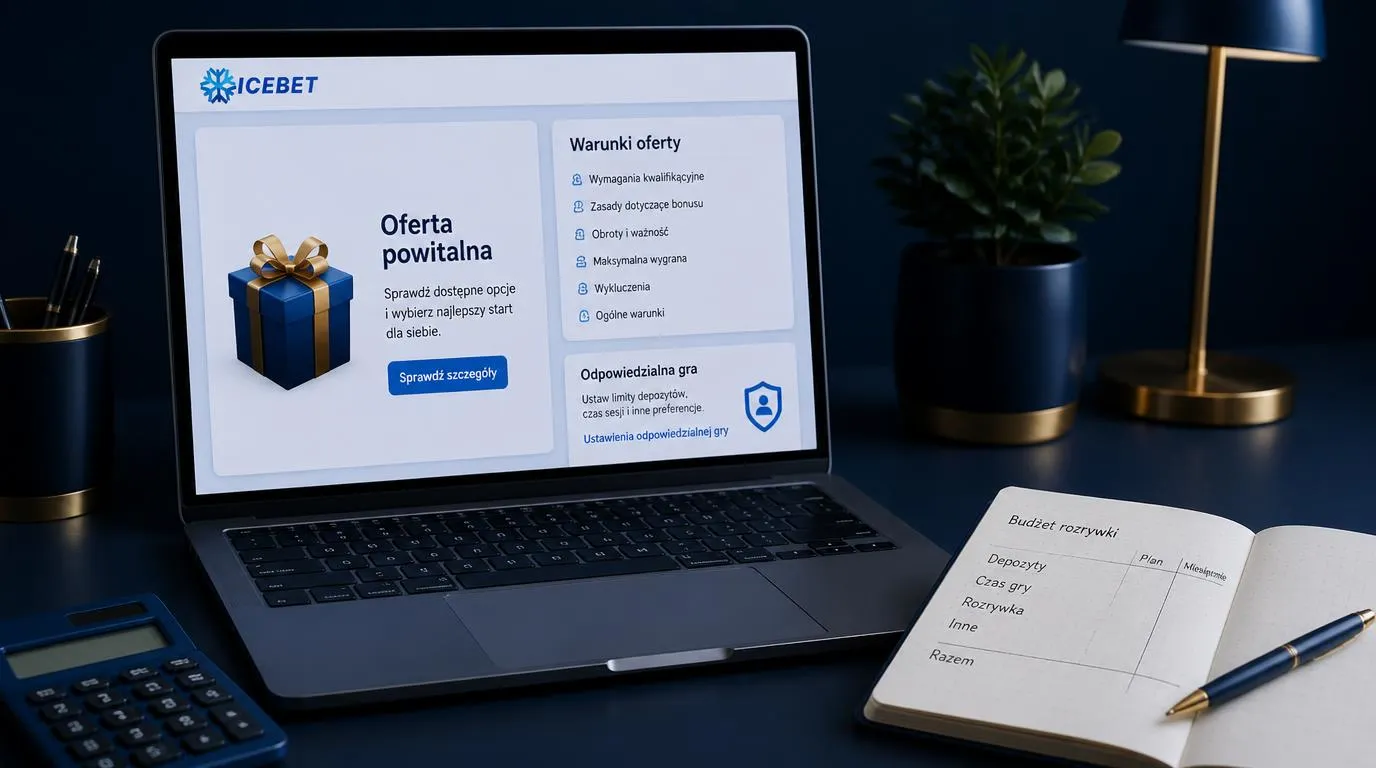 Ekran oferty powitalnej kasyna obok kalkulatora i notesu z ustalonym budżetem na rozrywkę