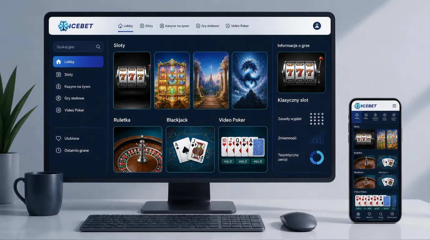 Lobby kasyna z kategoriami automatów, ruletki i blackjacka oraz panelem zasad i parametrów gry