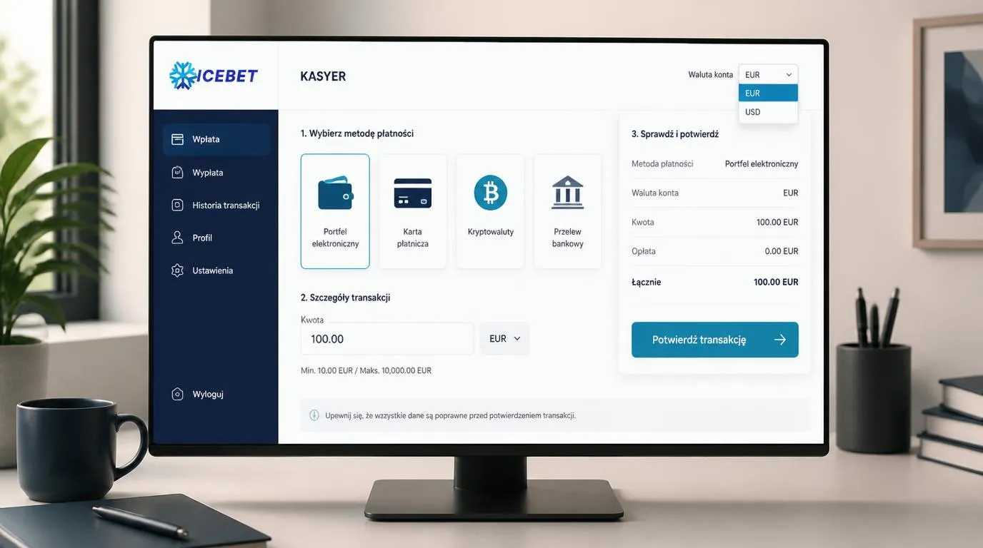 Panel kasy z portfelem elektronicznym, kartą, kryptowalutami i przelewem oraz wyborem waluty EUR lub USD